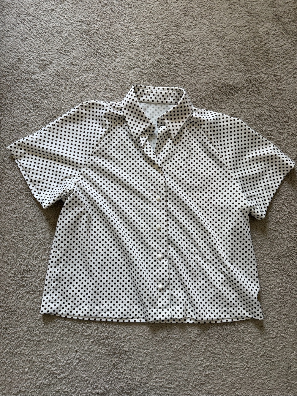 VTG ~ 1970s ~ White and Brown Polka Dot Short Sleeve Button Down ~ Size L/XL